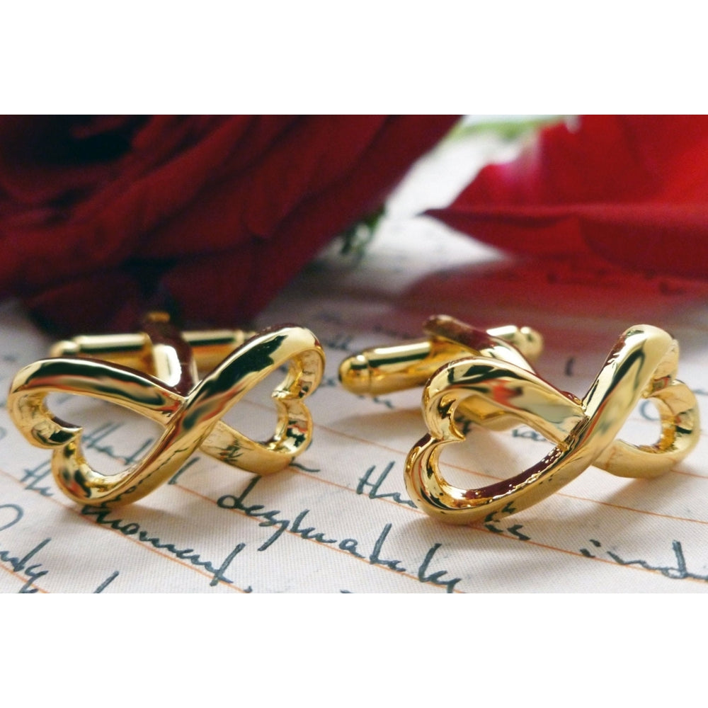 Infinity Heart Knot Cufflinks Symbol Big Gold Tone Solid Post Cuff Links Great for Weddings Groom Father Bride Image 2