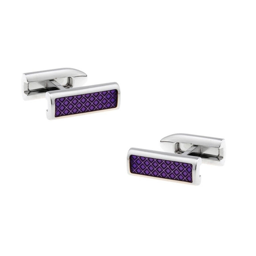 Silver Purple Flip Bar Post Cufflinks Purple Checkered Pattern Design Cool Classy Look Purely Stunning Cuff Links with Image 1