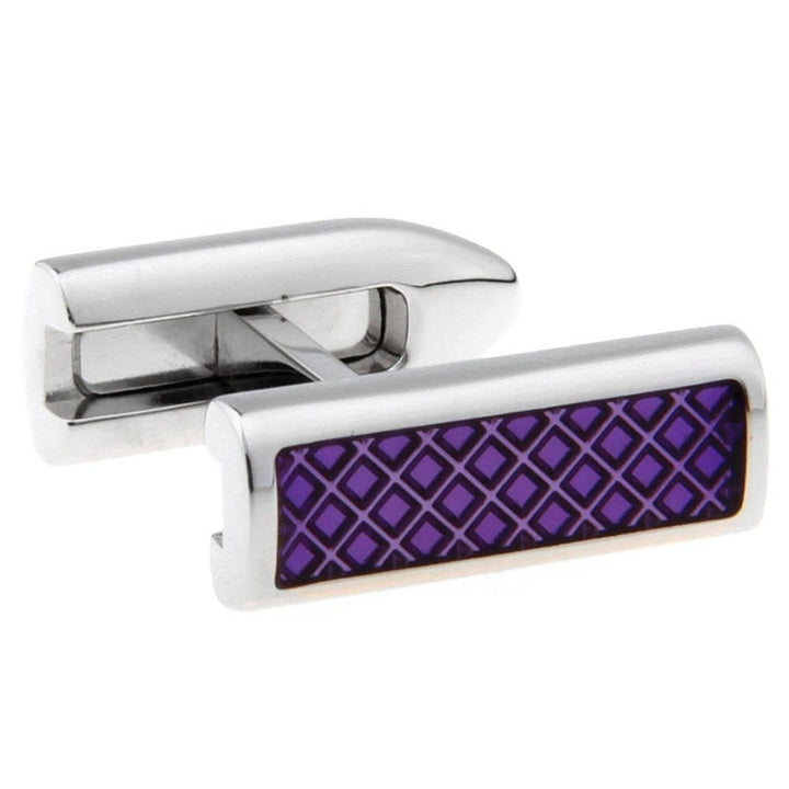 Silver Purple Flip Bar Post Cufflinks Purple Checkered Pattern Design Cool Classy Look Purely Stunning Cuff Links with Image 3