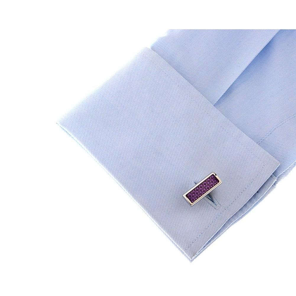 Silver Purple Flip Bar Post Cufflinks Purple Checkered Pattern Design Cool Classy Look Purely Stunning Cuff Links with Image 4