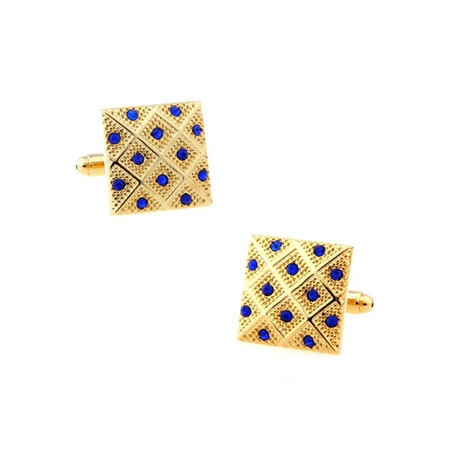 Gold Tone Blue Rock Crystals Cufflinks Criss Cross Pattern Square Diamond Detailed Cool Classic Look Head Turner Cuff Image 1