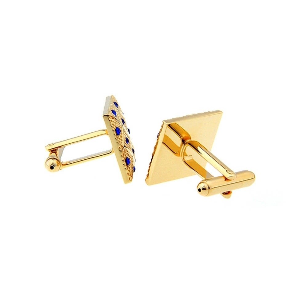 Gold Tone Blue Rock Crystals Cufflinks Criss Cross Pattern Square Diamond Detailed Cool Classic Look Head Turner Cuff Image 2