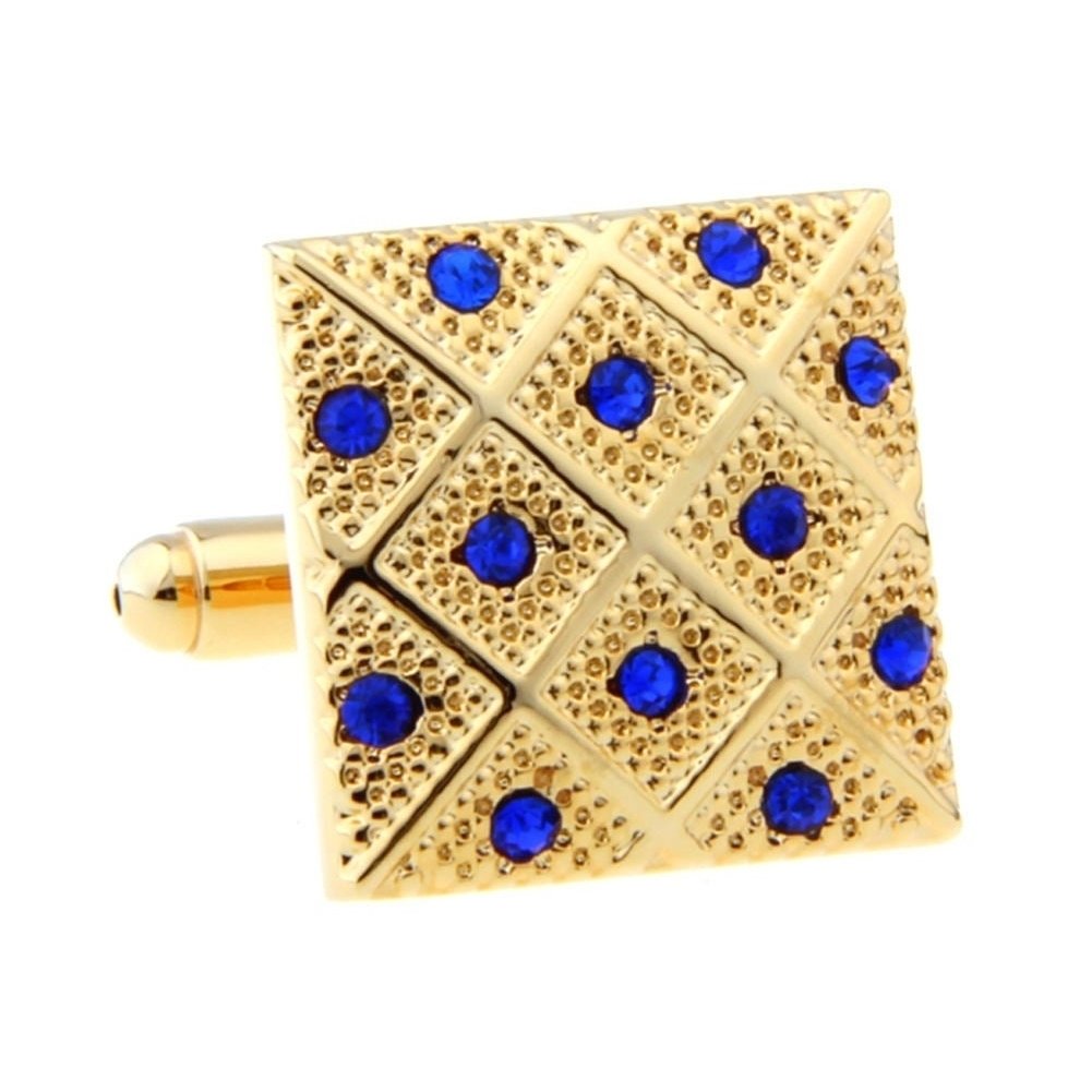 Gold Tone Blue Rock Crystals Cufflinks Criss Cross Pattern Square Diamond Detailed Cool Classic Look Head Turner Cuff Image 3