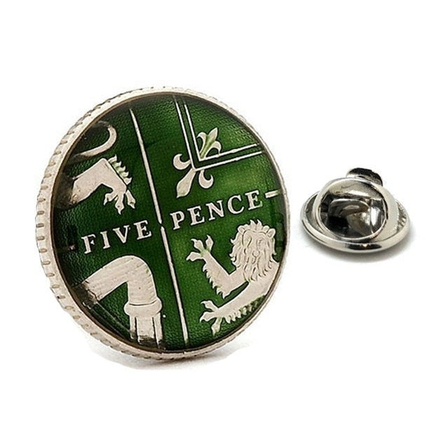 Enamel Pin British 5 Pence Enamel Coin Lapel Pin Tie Tack Collector Pin Royal Blue UK England Travel Souvenir Hand Image 1