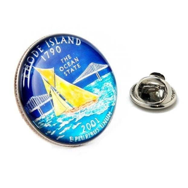 Enamel Pin Hand Painted Rode Island State Quarter Enamel Coin Lapel Pin Tie Tack Travel Souvenir blue Coins Keepsakes Image 1