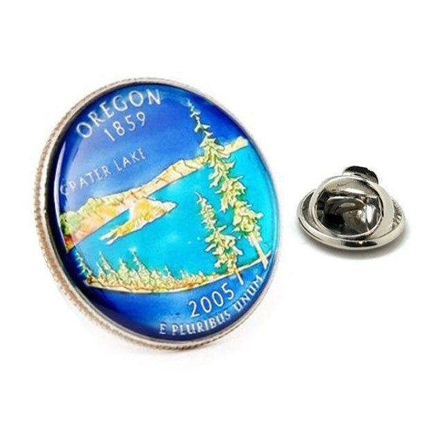 Enamel Pin Hand Painted Oregon State Quarter Enamel Coin Lapel Pin Tie Tack Travel Souvenir Blue Coins Keepsakes Cool Image 1