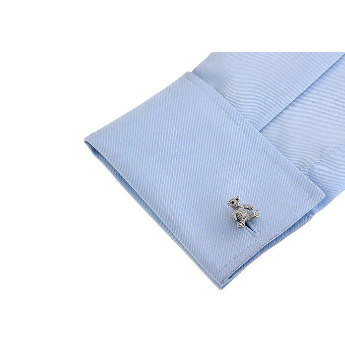 Silver Teddy Bear Cufflinks with Black Crystal Eyes 3D Design Cufflinks Cuff Links Comes with Gift Box Image 3