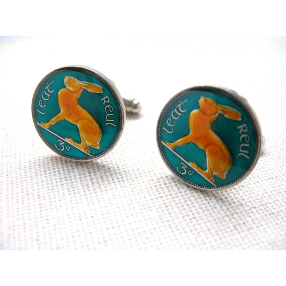 Enamel Cufflinks Irish Rabbit Enamel Coin Jewelry Hand Painted Ireland Cuff Links World Travel Great Souvenir Vintage Image 2