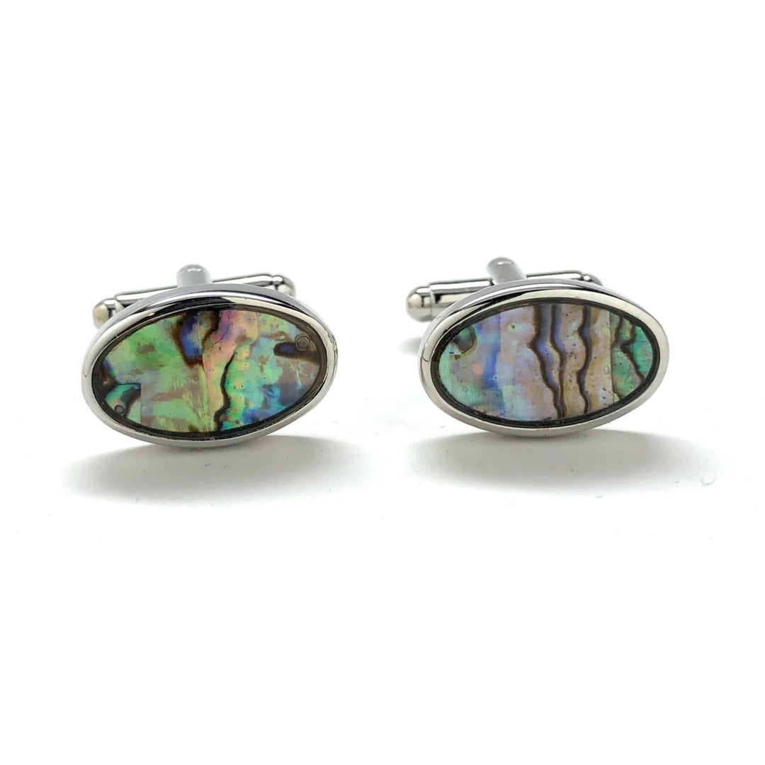 Abalone Shell Silver Trim Oval Cufflinks Distinctive Look Real Shell Cool Mother of Pearl Cuff Links Comes with Gift Box Image 1