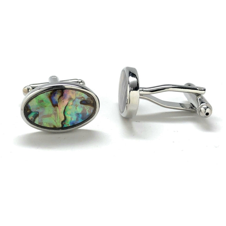 Abalone Shell Silver Trim Oval Cufflinks Distinctive Look Real Shell Cool Mother of Pearl Cuff Links Comes with Gift Box Image 2
