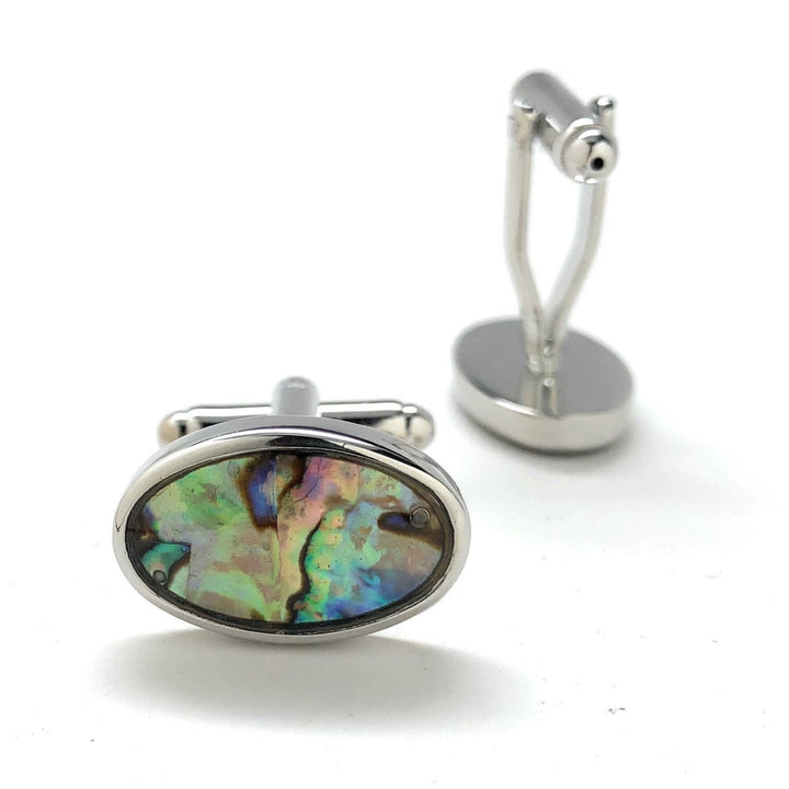 Abalone Shell Silver Trim Oval Cufflinks Distinctive Look Real Shell Cool Mother of Pearl Cuff Links Comes with Gift Box Image 4