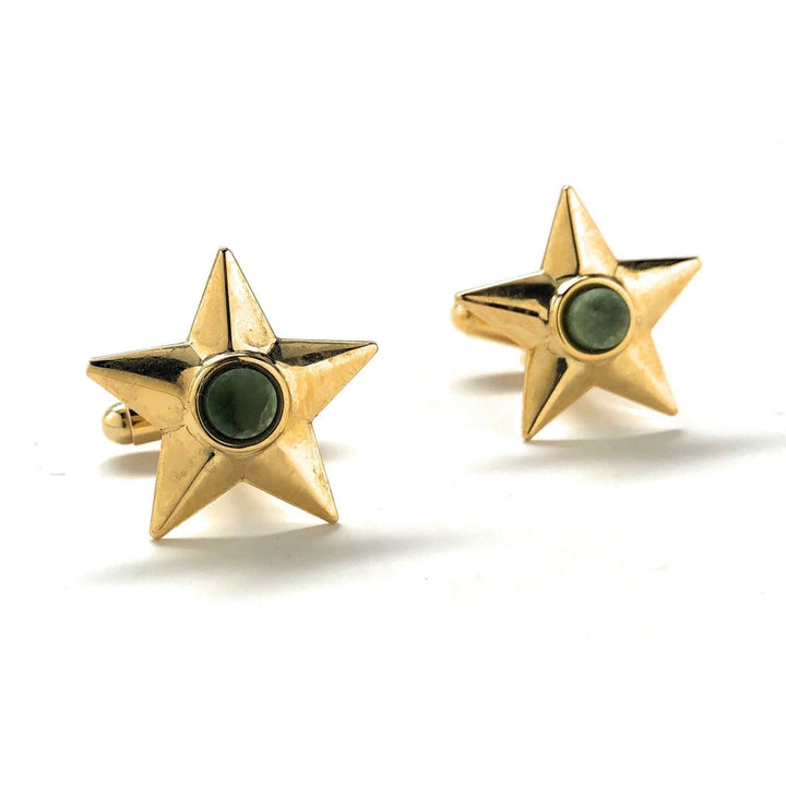 Jade Star Cufflinks Gold Tone Center Jade Stone Raised Wedding Cuff Links Gifts for Dad Husband Gifts for Him Image 1