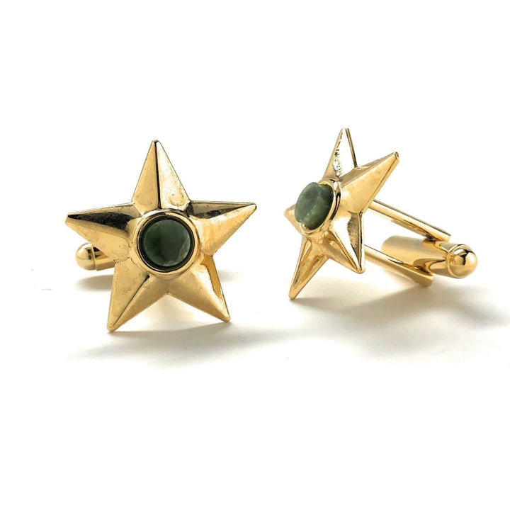 Jade Star Cufflinks Gold Tone Center Jade Stone Raised Wedding Cuff Links Gifts for Dad Husband Gifts for Him Image 4