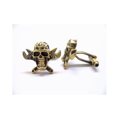 Antique Brass Tone Cufflinks Skull and Cross Grease Monkey Wrench Gear Head Cuff Links Mechanic White Elephant Gifts Image 2
