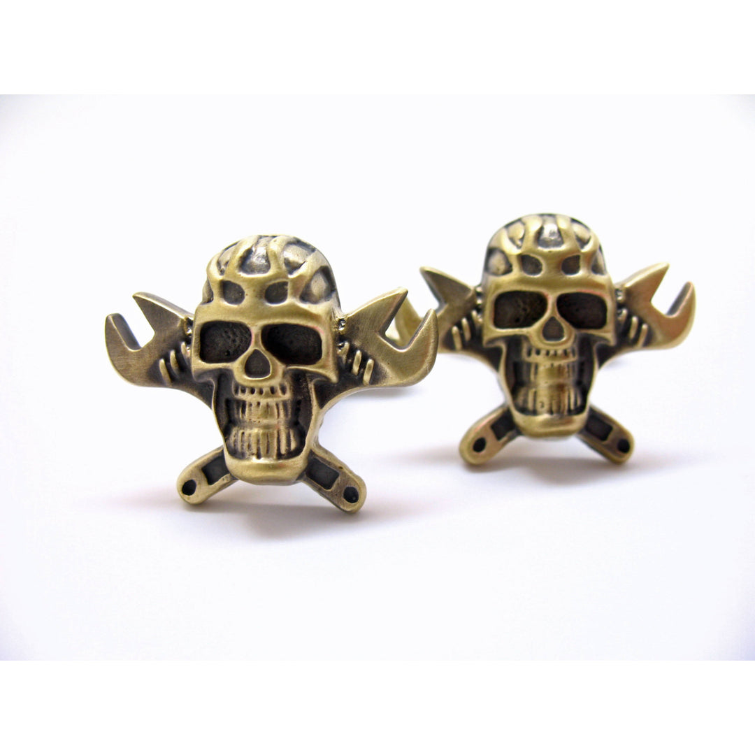 Antique Brass Tone Cufflinks Skull and Cross Grease Monkey Wrench Gear Head Cuff Links Mechanic White Elephant Gifts Image 3