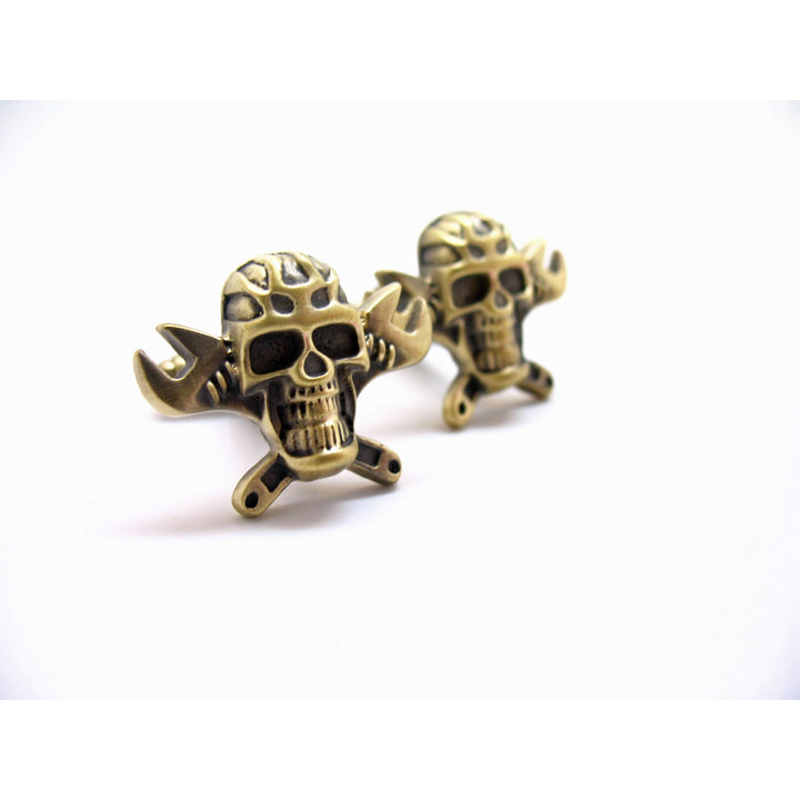 Antique Brass Tone Cufflinks Skull and Cross Grease Monkey Wrench Gear Head Cuff Links Mechanic White Elephant Gifts Image 4