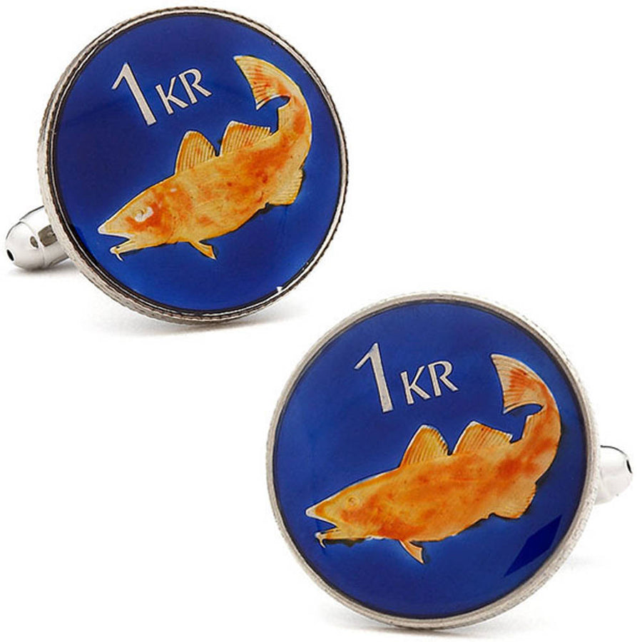 Enamel Cufflinks Hand Painted Iceland Coin Jewelry Fish Money Blue Orange Enamel Cuff Links Handmade Collector Enamel Image 1