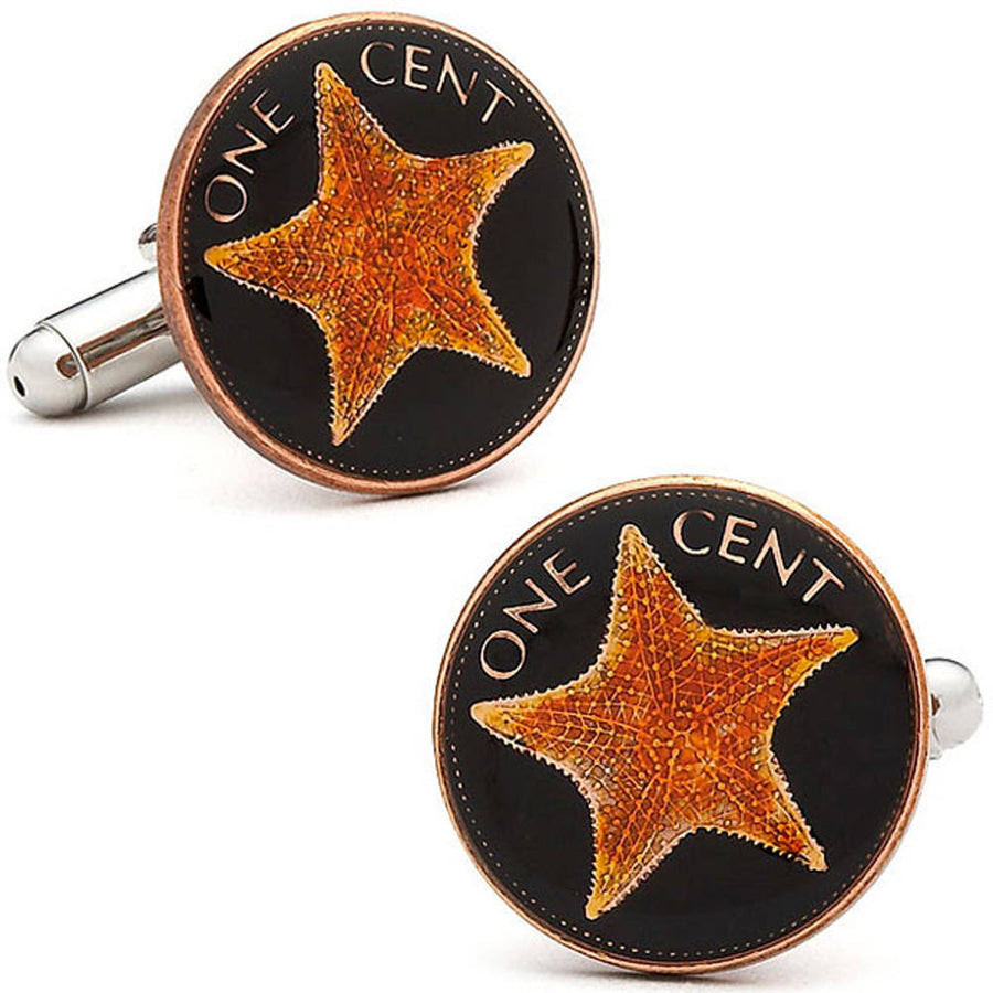 Enamel Cufflinks Bahamas Hand Painted Coins Ocean Starfish Cuff Links Black Orange Enamel Coin Cufflinks Coin Jewelry Image 1