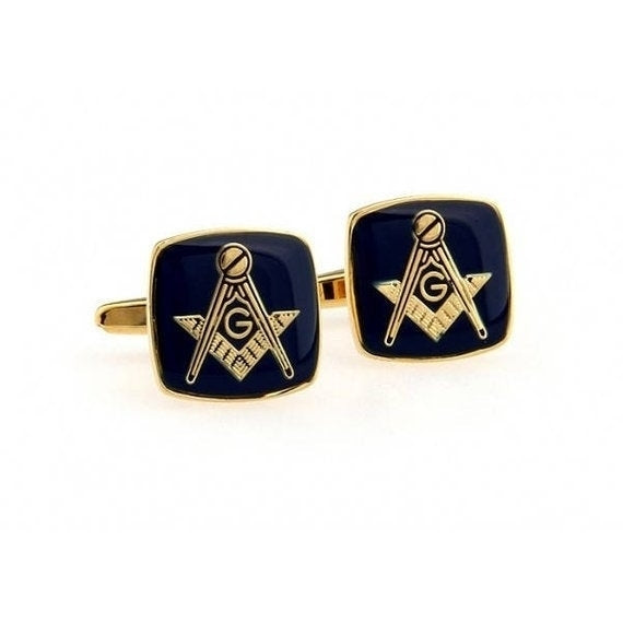 Cufflinks Gold Dark Blue Black Square Mason Masonic Symbol Cufflinks Cuff Links Image 2