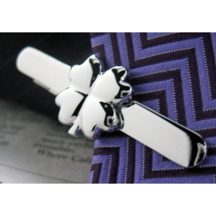 Clover Tie bar Shiny Silver Tone Four Leaf Clover Lucky Tie Clip Brings Great Luck Comes with Gift Box Image 1