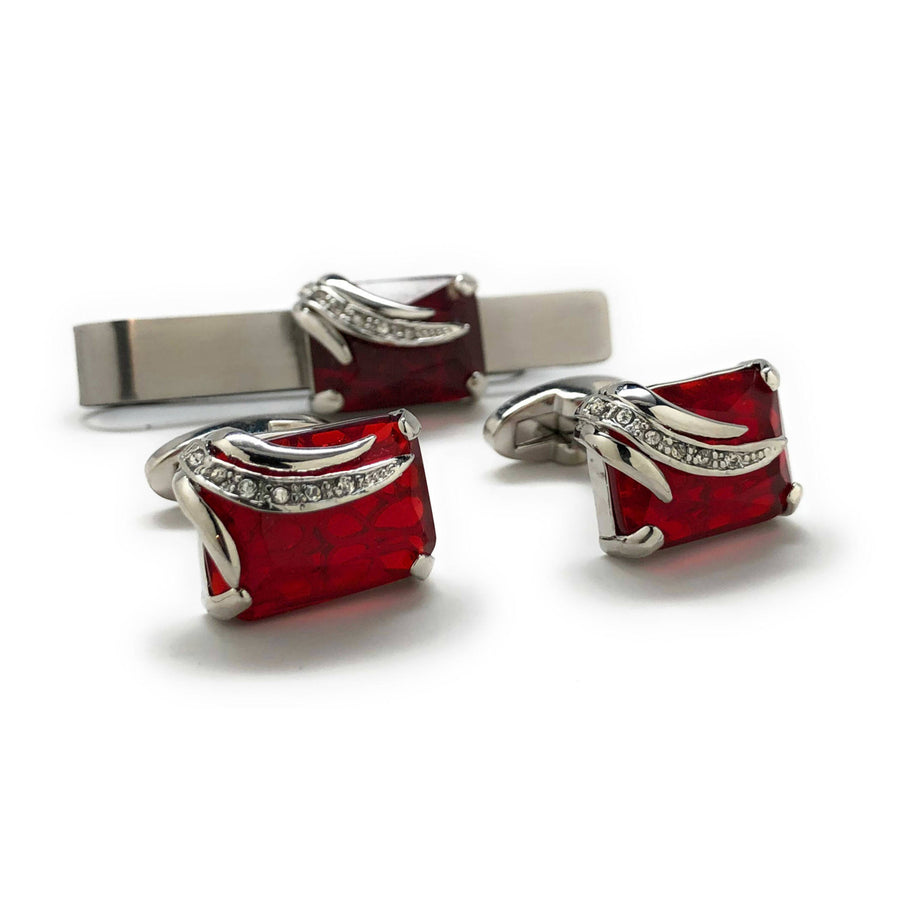 Jeremiah Bloodstone Cufflinks and Matching Tie Bar Set Elite Cut Red Crystal Silver Wing Band White Crystals Whale Tail Image 1