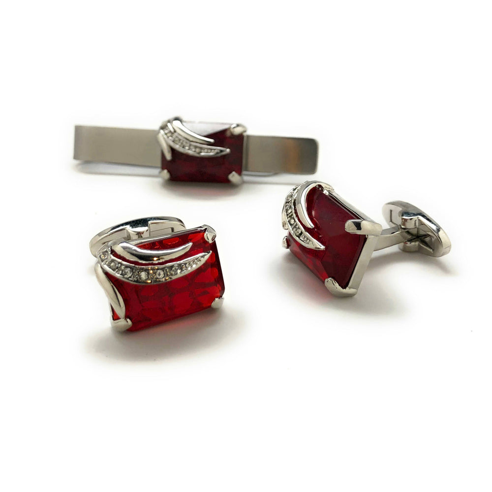 Jeremiah Bloodstone Cufflinks and Matching Tie Bar Set Elite Cut Red Crystal Silver Wing Band White Crystals Whale Tail Image 2