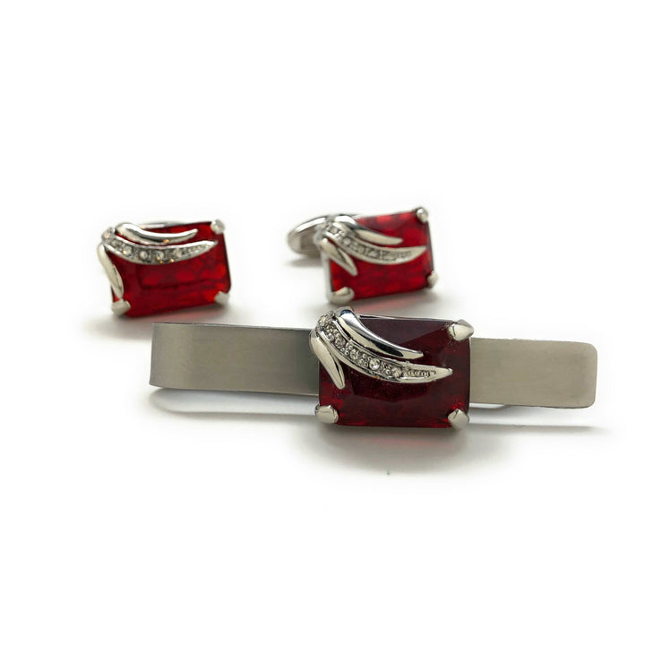 Jeremiah Bloodstone Cufflinks and Matching Tie Bar Set Elite Cut Red Crystal Silver Wing Band White Crystals Whale Tail Image 3