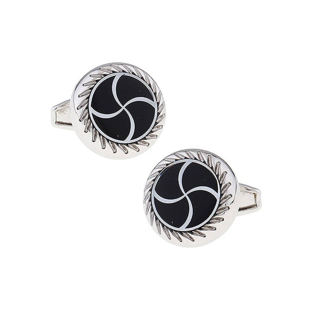 Vortex Wave Design Cufflinks Silver Tone Black Enamel Whale Tail Backing Cuff Links Comes with Box Image 1