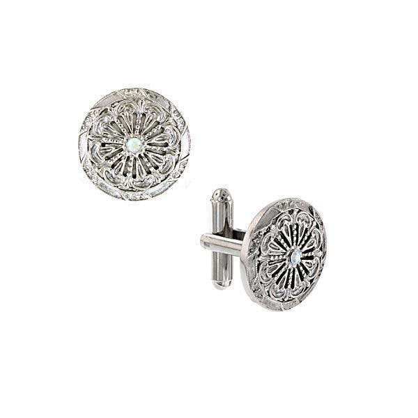 Vintage Inspired Crystal Round Cufflinks Scrolled Accents Dress Formal French Cuff Cuff Links Image 1
