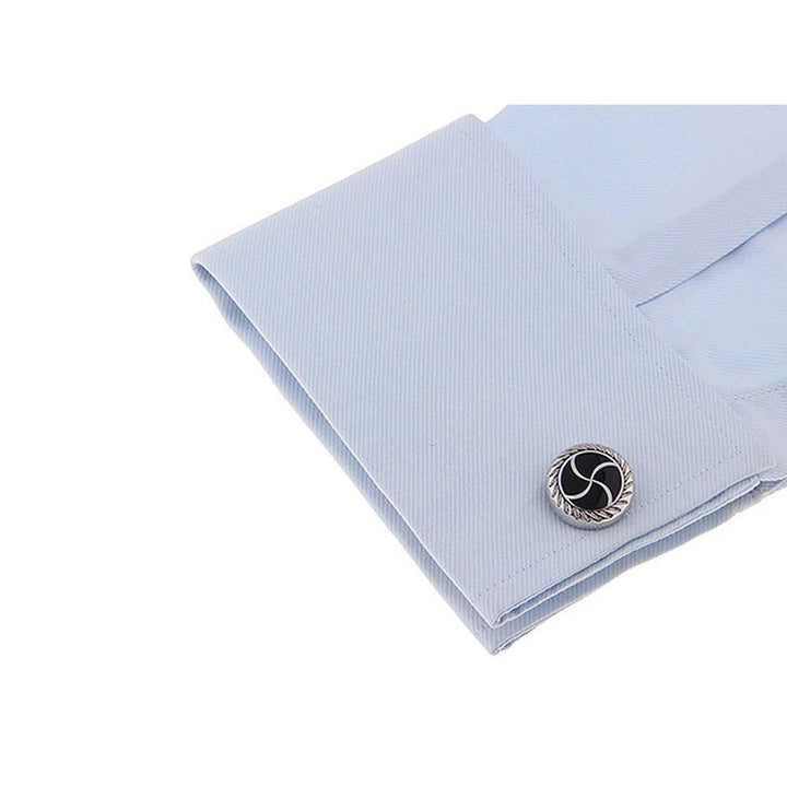 Vortex Wave Design Cufflinks Silver Tone Black Enamel Whale Tail Backing Cuff Links Comes with Box Image 3