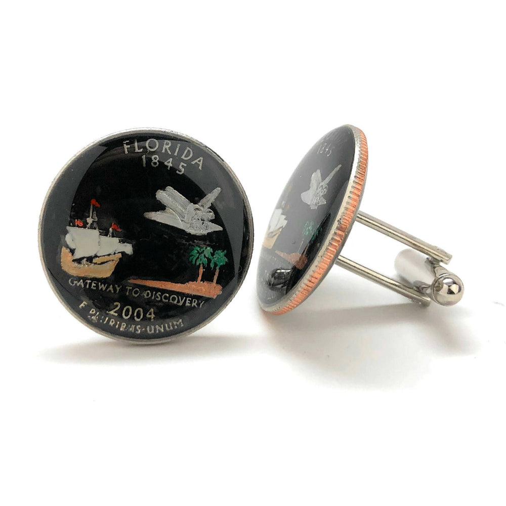 Coin Cufflinks Hand Painted Florida State Quarter Black Edition Authentic US Currency Cuff Links Gift Space Shuttle Image 2