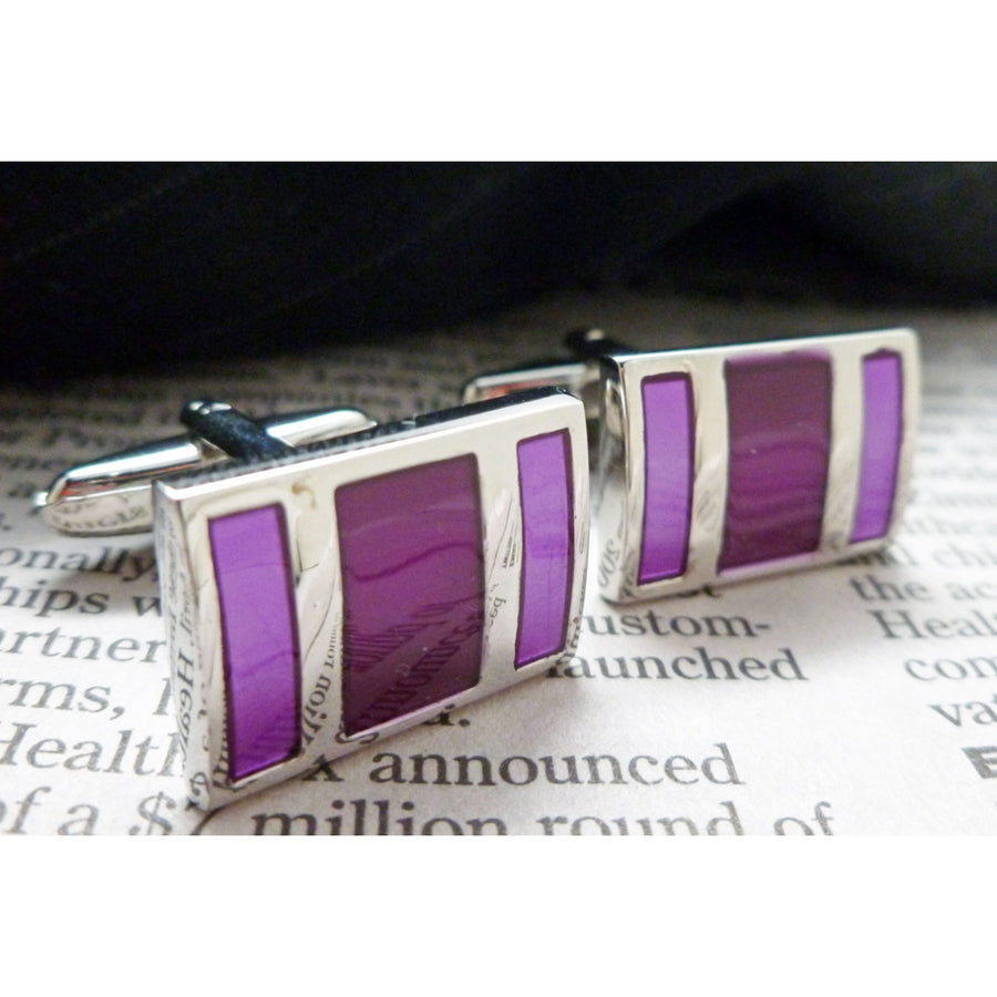 Marching Stripes Cufflinks Silver Tone with Purple Amethyst Cuff Links Image 1