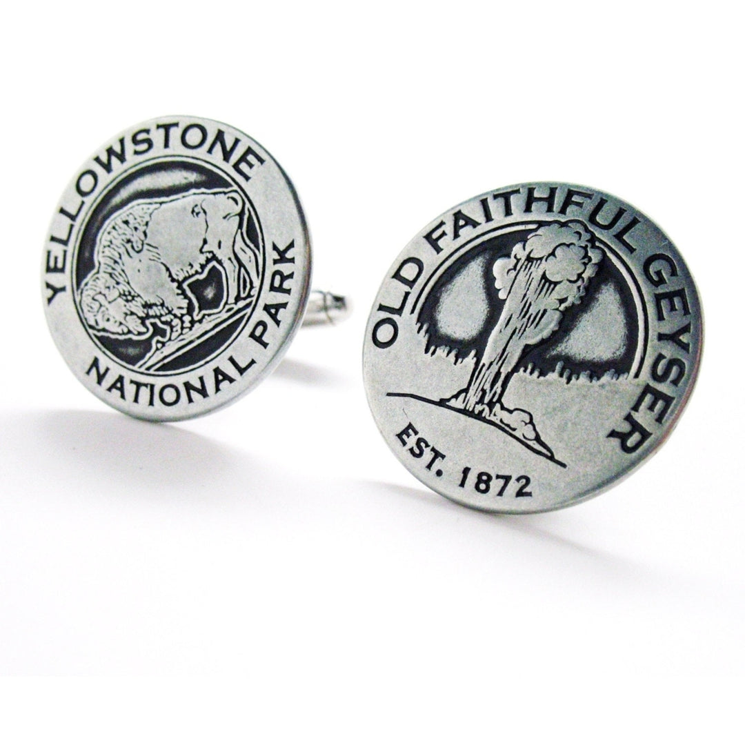 Yellowstone Buffalo and Old Faithful Token Cufflinks Silver Toned Classic Yellow Stone Park Transit Tokens Cuff Links Image 1