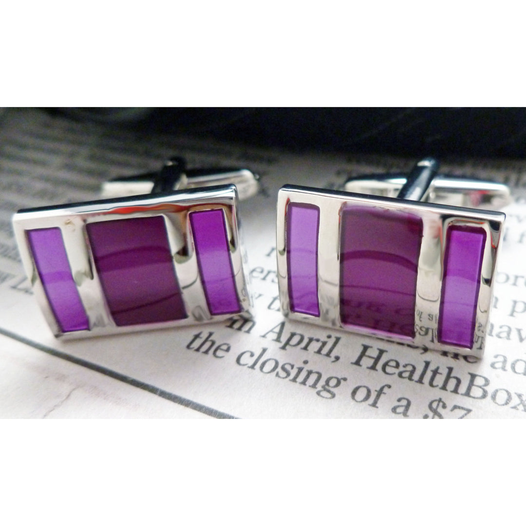 Marching Stripes Cufflinks Silver Tone with Purple Amethyst Cuff Links Image 2