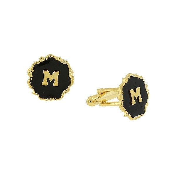Initial M Cufflinks Letter M Cufflinks Gold Edged Black Enamel Cufflinks Monogram M Cuff Links Fathers Day Gift Gifts Image 1