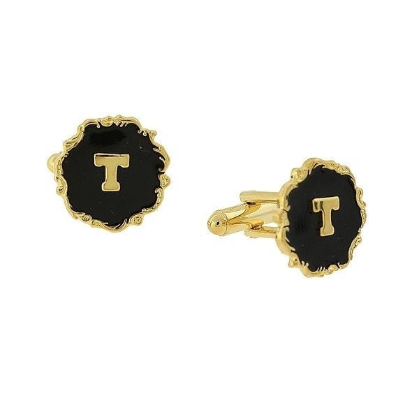 Letter T Cufflinks Gold Tone Scrolled Edged Black Enamel Initial "T" Cuff Links Groom Father Bride Wedding Anniversary Image 1