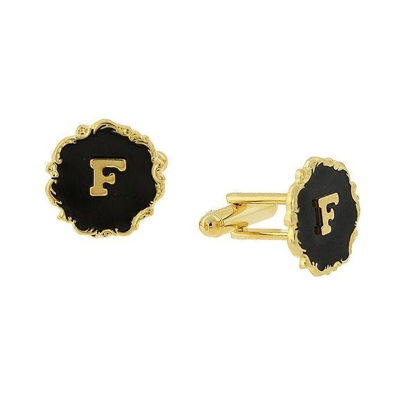 Letter F Cufflinks Gold Scrolled Edged Black Enamel Initial "F" Cuff Links Groom Father of the Bride Wedding Anniversary Image 1