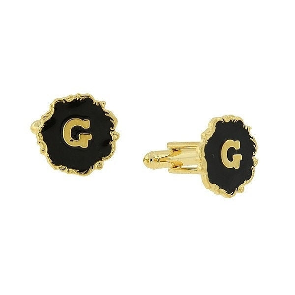 G Letter Cufflinks Gold Tone Scrolled Edged Black Enamel Initial "G" Cuff Links Comes with Gift Box Fathers Day Image 1