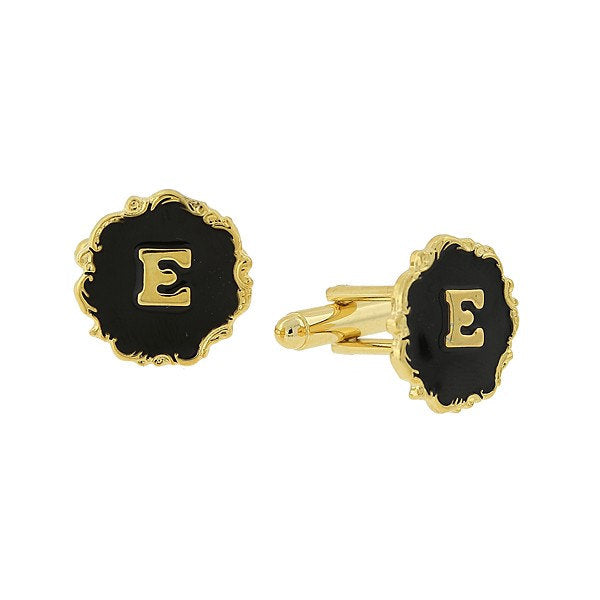 Letter E Cufflinks Gold Scrolled Edged Black Enamel Initial "E" Cuff Links Groom Father Bride Wedding Anniversary Image 1
