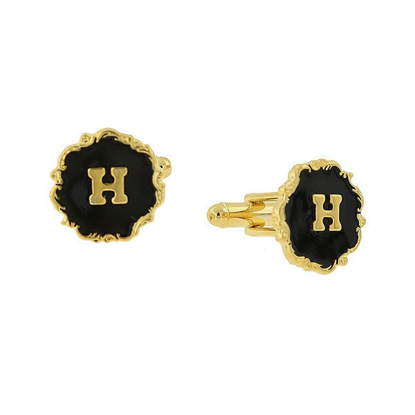 Letter H Cufflinks Gold Scrolled Edged Black Enamel Initial "H" Cuff Links Groom Father of Bride Wedding Anniversary Image 1