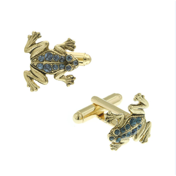 Jumping Frog Cufflinks Gold Tone Blue Crystal Cuff Links Image 1