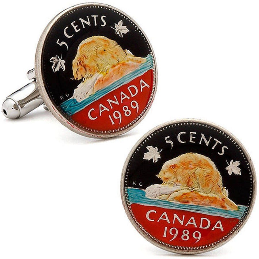 Canada Cufflinks Beaver Canada Hand Painted Coin Nature Canadian Cuff Links Enamel Coin Jewelry Cufflinks 5 Cents Nickel Image 1