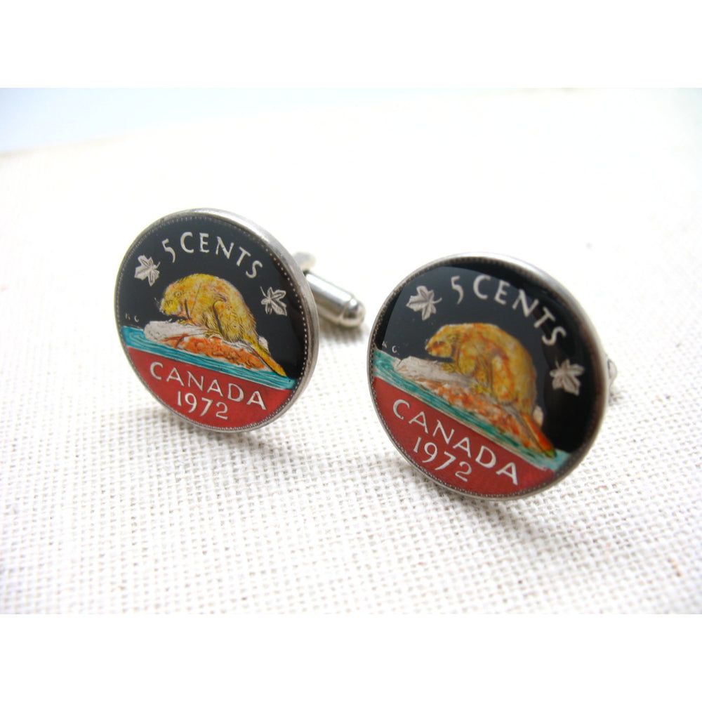 Canada Cufflinks Beaver Canada Hand Painted Coin Nature Canadian Cuff Links Enamel Coin Jewelry Cufflinks 5 Cents Nickel Image 2