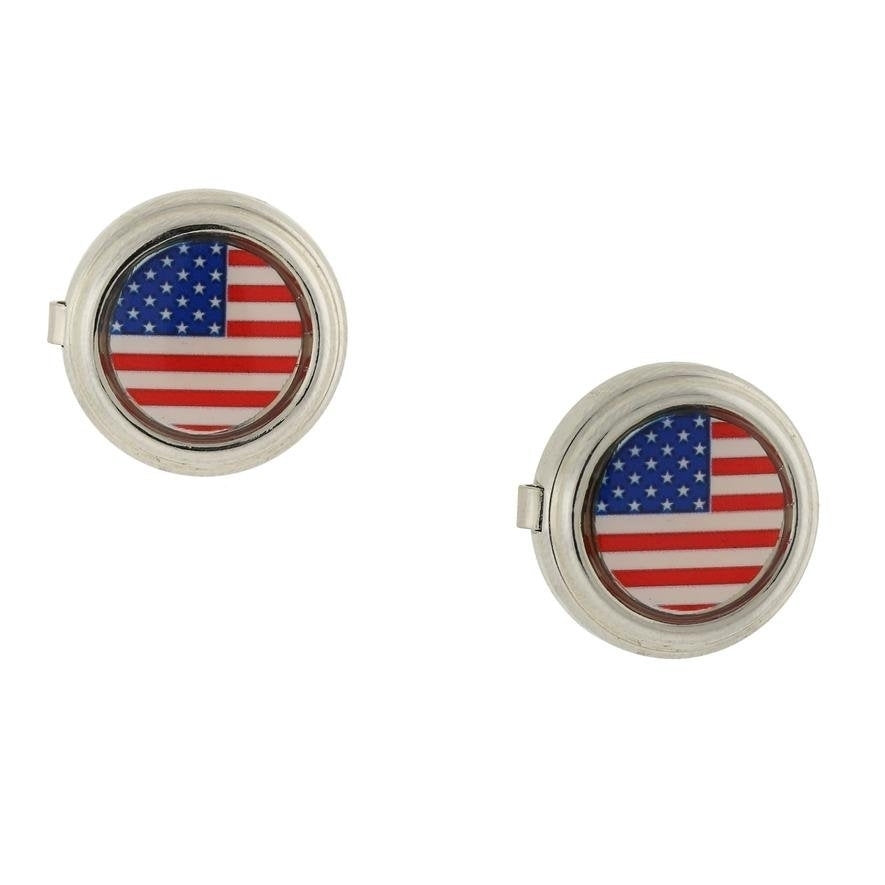 Flag Patriotic Faux Cufflinks Silver Framed Red White and Blue American Flag Button Covers Unique Gift Image 1