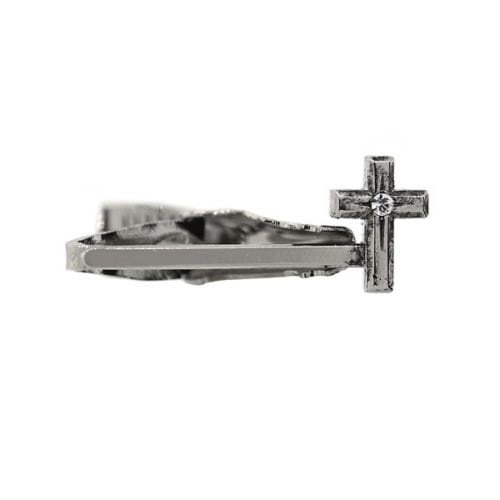 Unique Silver Tone Crystal Cross Tie Clip Bar Image 1