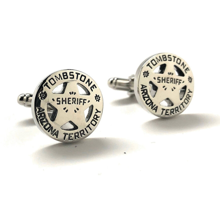 Sheriff Badge Tombstone Arizona Cufflinks Old West Shinny Silver Tone Territory Sheriff Cowboy Cuff Links Gifts for Law Image 1