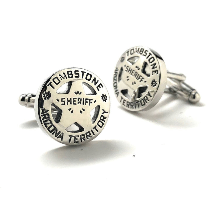 Sheriff Badge Tombstone Arizona Cufflinks Old West Shinny Silver Tone Territory Sheriff Cowboy Cuff Links Gifts for Law Image 2
