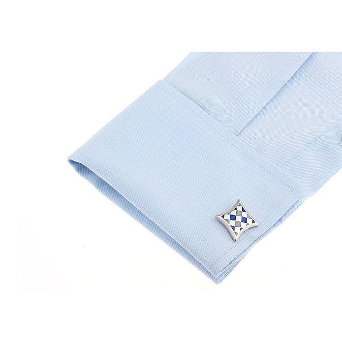 Grey and Blue Enamel Silver Weave Diamond Shapes Straight Post Cufflinks Cuff Links Image 4