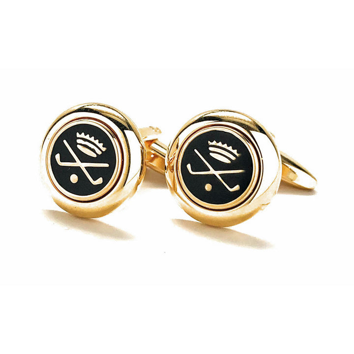 Golf Cufflinks Golfers Championship Black Enamel Royal Gold Crown Golf For the Love of the Game Round Cuff Links Image 1