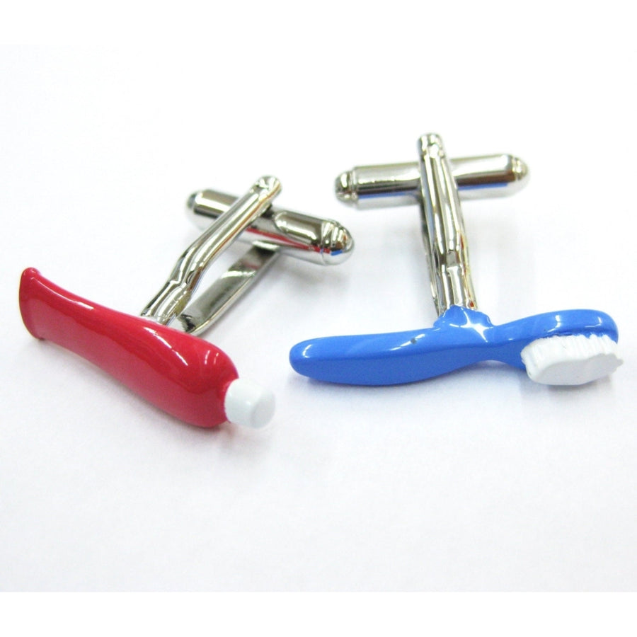 Tooth Brush and Paste Cufflinks Dr. of Dentistry Doctor Dentist Enamel Cuff Links Image 1